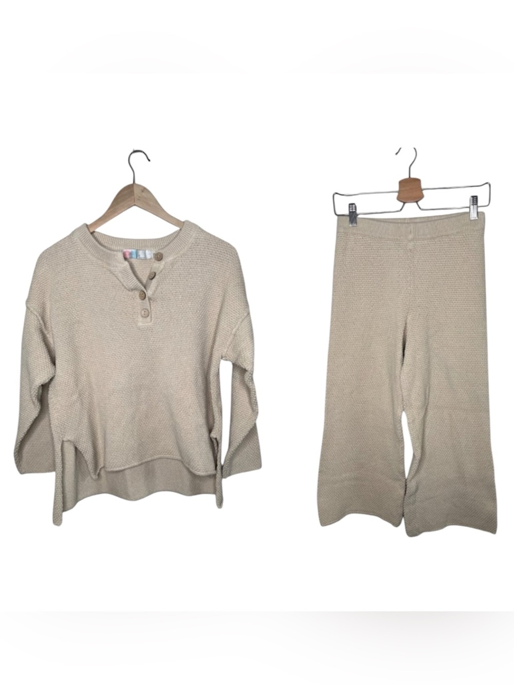 Free People Beach Hailee Beige Knit Sweater 2pc Cotton Set XS Coastal